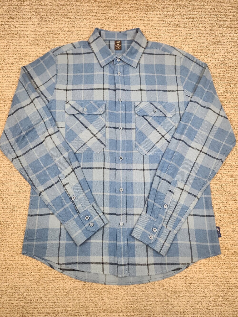 Helly Hansen Flannel Button Shirt Mens Large Blue Windowpane Plaid Soft Outdoor
